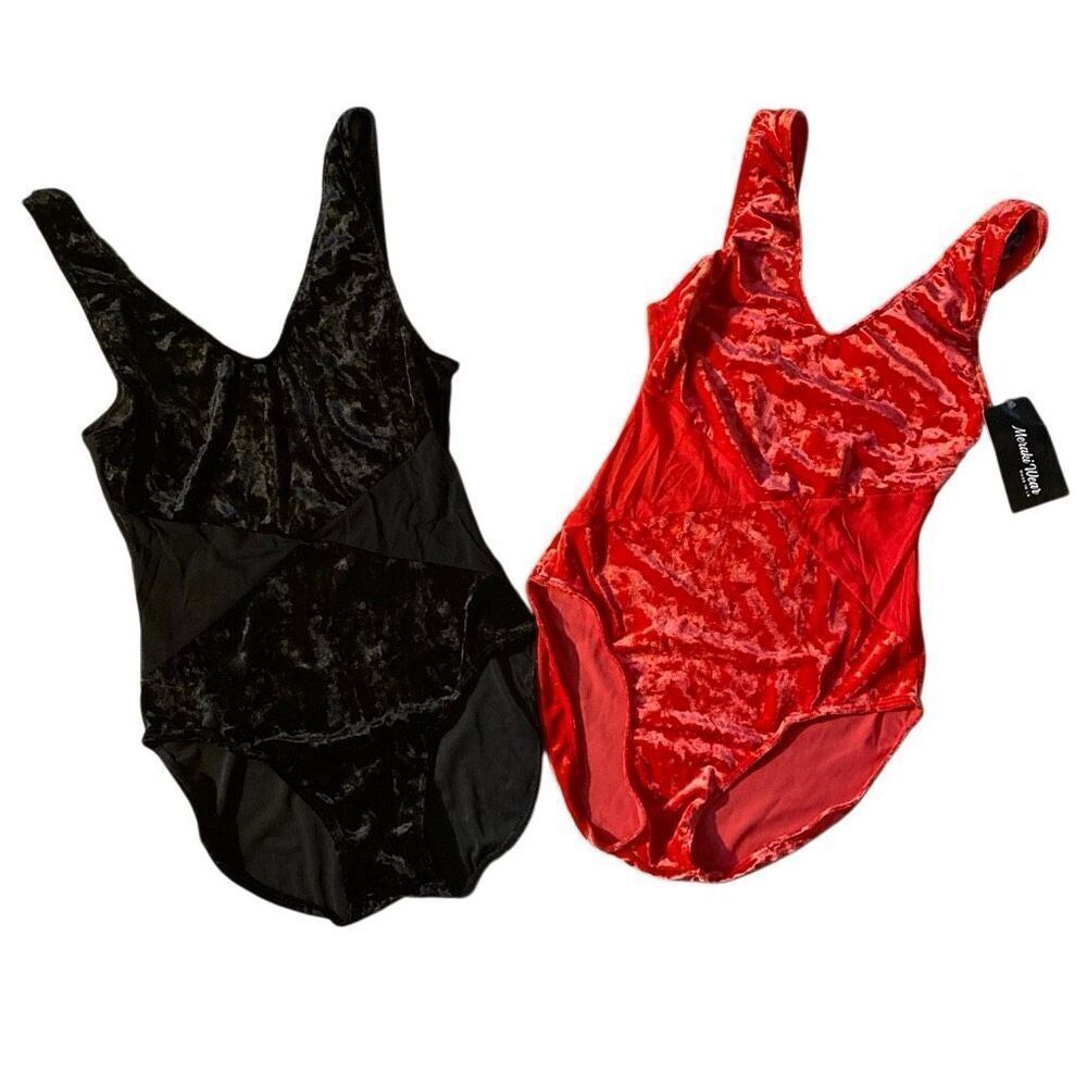 Bundle of 2 Meraki Wear Velvet Leotards Bodysuit NWT Adult L red and black